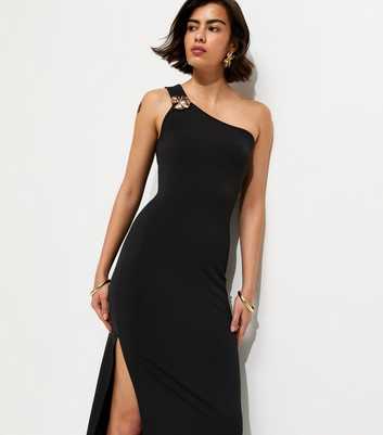 Black Flower Charm One Shoulder Midi Dress