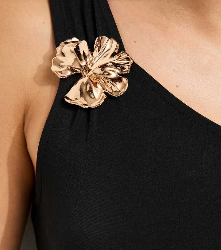 Black Flower Charm One Shoulder Midi Dress | New Look