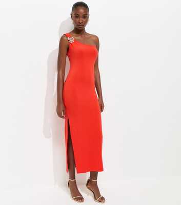 Bright Orange Flower Charm One Shoulder Midi Dress