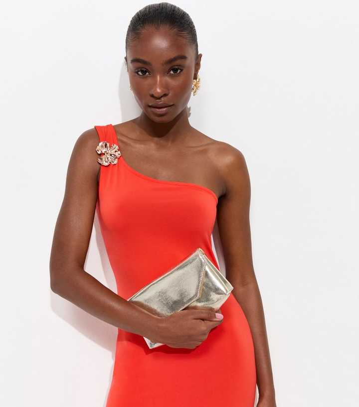Bright Orange Flower Charm One Shoulder Midi Dress | New Look