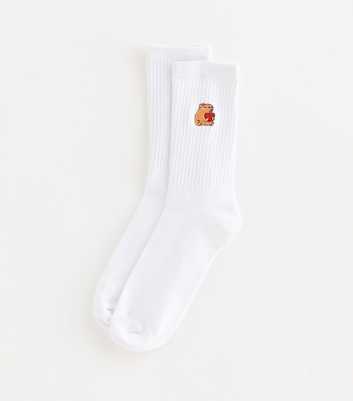 White Embroidered Capybara Tube Socks