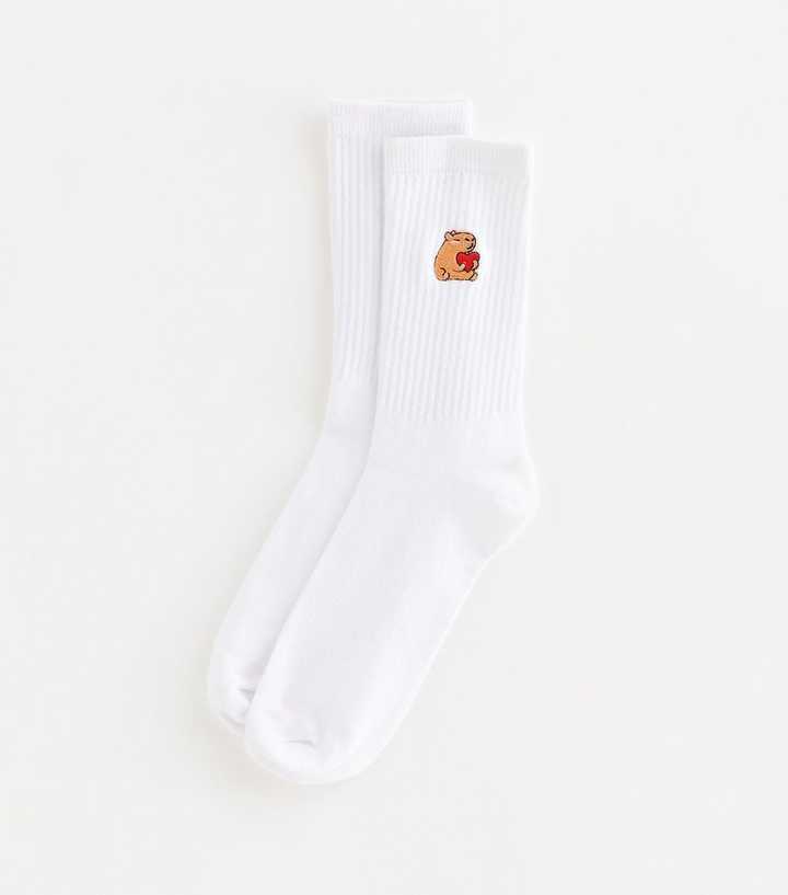White Embroidered Capybara Tube Socks