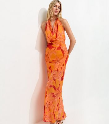Tall Bright Orange Floral Halter Maxi Dress