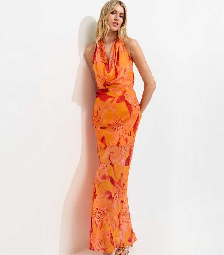 Tall Bright Orange Floral Halter Maxi Dress