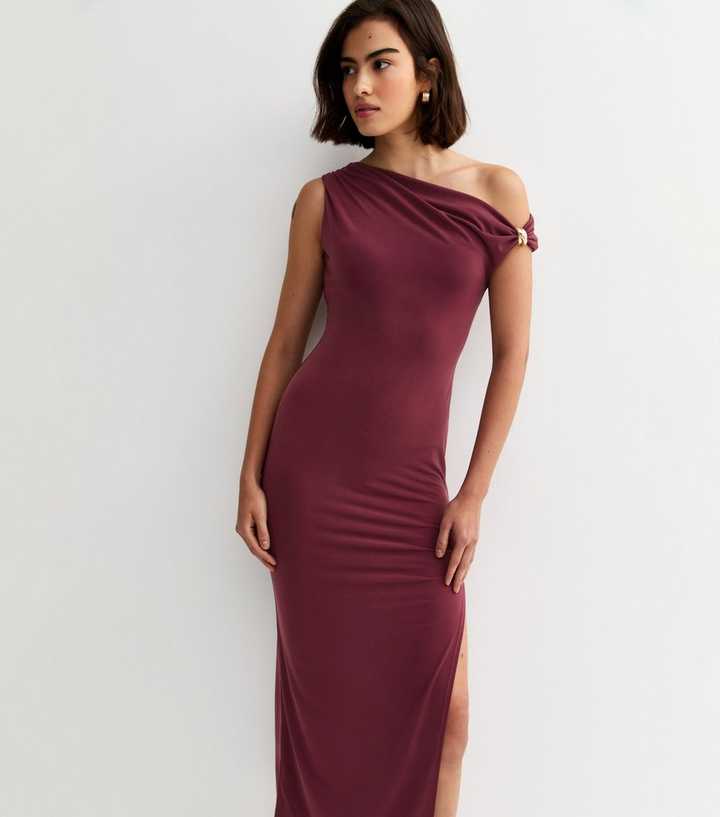 Burgundy Jersey Off The Shoulder Midi Dress