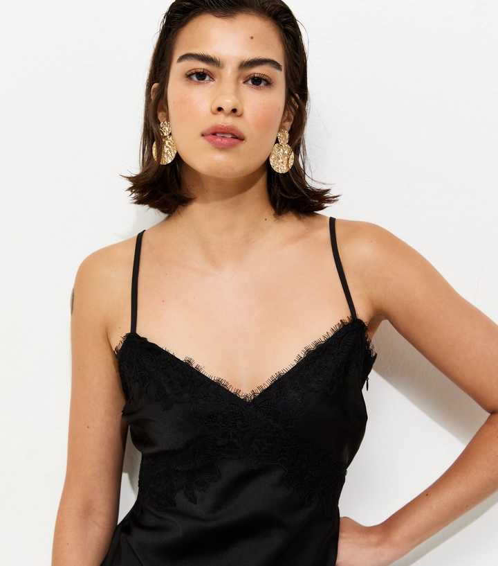 Black Lace Trim Slip Strappy Midi Dress | New Look