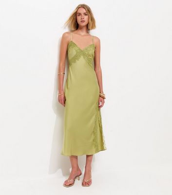 Light Green Lace Trim Slip Strappy Midi Dress | New Look