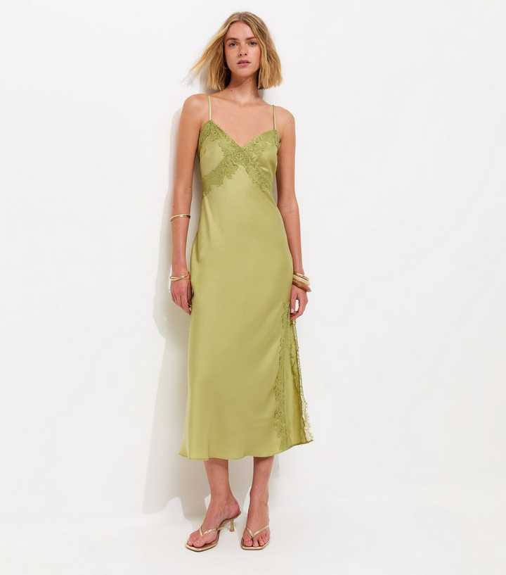 green slip dress with lace Chic Dark Green Wedding Guest Dress Off-shoulder Sheath Satin Long Eve –  EvaFashionDress main image 1