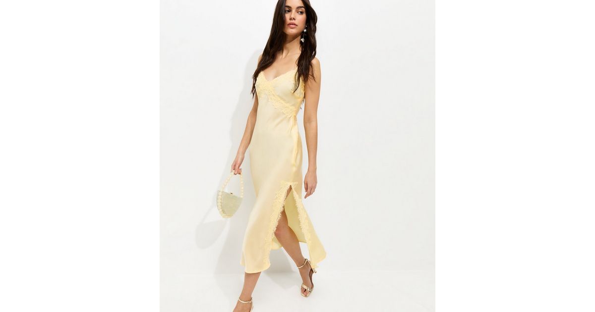 Light Yellow Lace Trim Slip Strappy Midi Dress | New Look