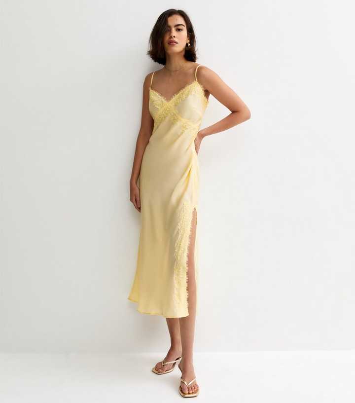 Light Yellow Lace Trim Slip Strappy Midi Dress