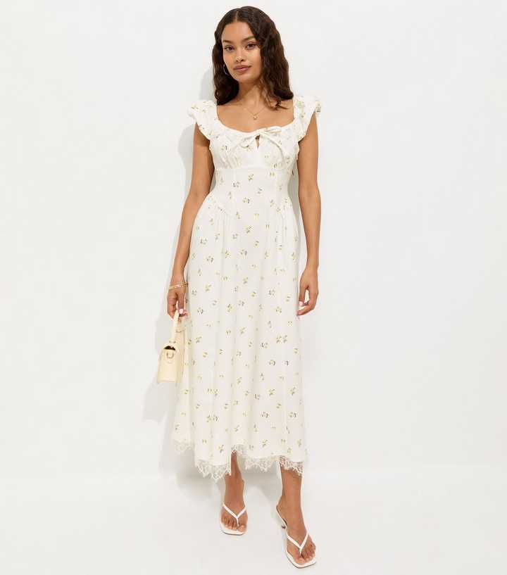 Petite Cream Floral Print Milkmaid Midi Dress