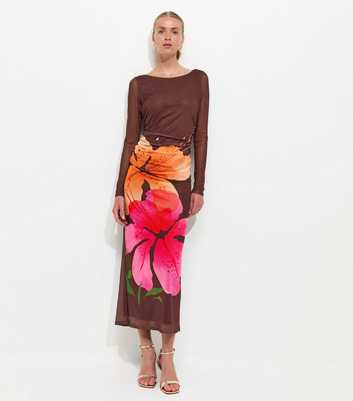 Brown Orchid Mesh Long Sleeve Midi Dress