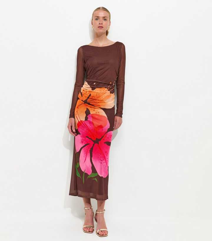 Brown Orchid Mesh Long Sleeve Midi Dress