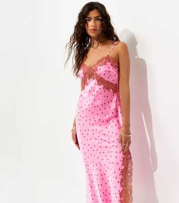 Pink Lace Trim Polka Dot Cami Midi Dress