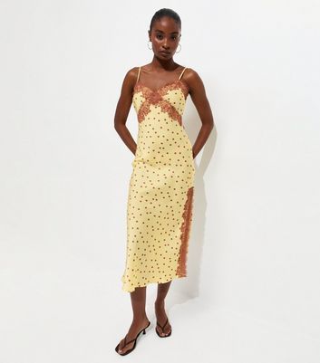 Yellow Lace Trim Polka Dot Cami Midi Dress | New Look