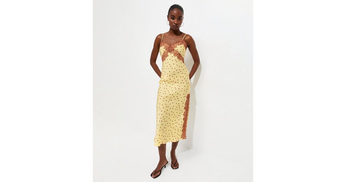 Yellow Lace Trim Polka Dot Cami Midi Dress | New Look