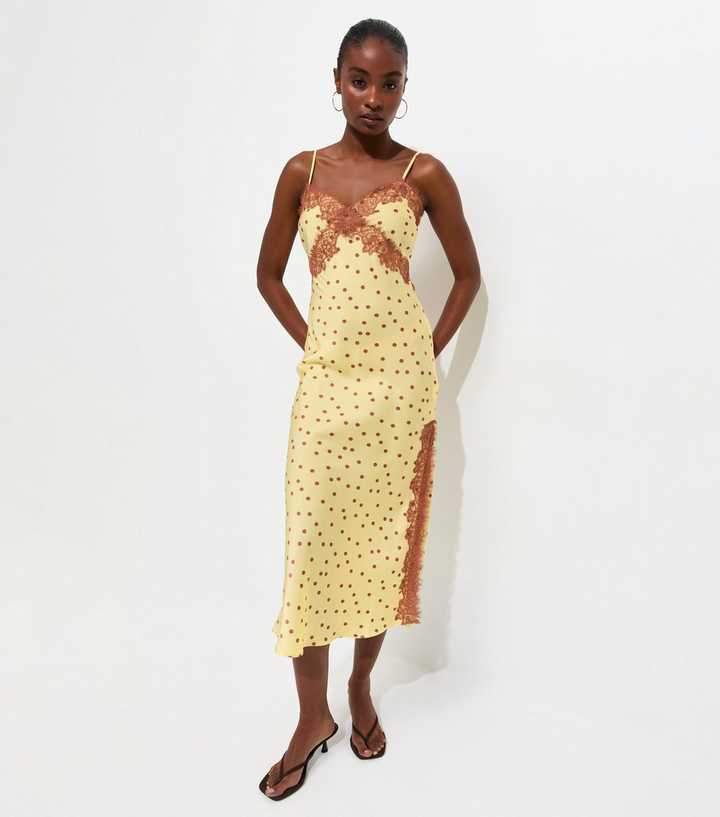 Yellow Lace Trim Polka Dot Cami Midi Dress