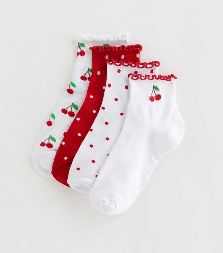 Pack of 4 Red Frill Top Cherry Pattern Trainer Socks
