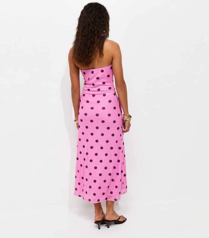 pink polka dot draped lace up back midi dress Women's Cap Sleeve Lace Trim Midi Dress