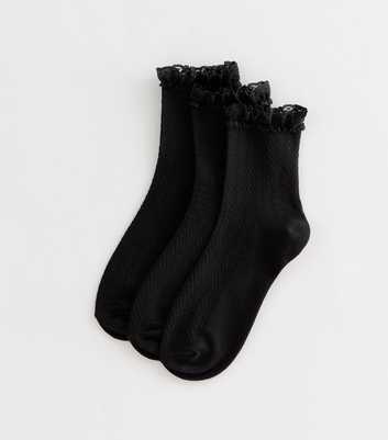 Black Herringbone Frilly Lace Trim Ankle Socks