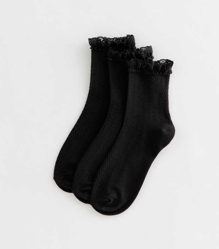 Black Herringbone Frilly Lace Trim Ankle Socks