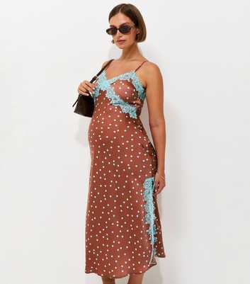 Maternity Brown Spot Print Lace Trim Midi Dress