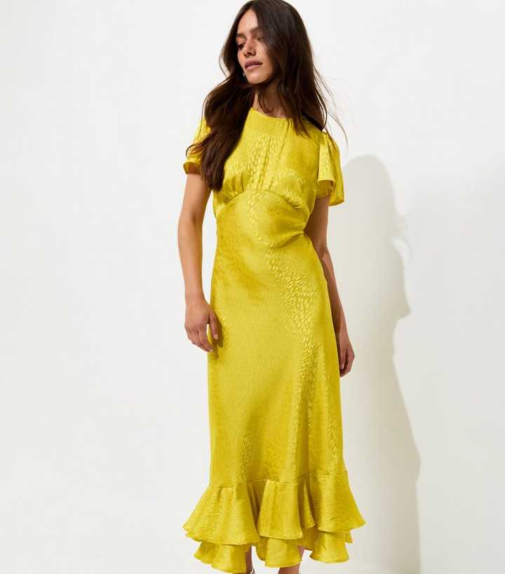 Petite Light Green Feather Jacquard Satin Midi Dress