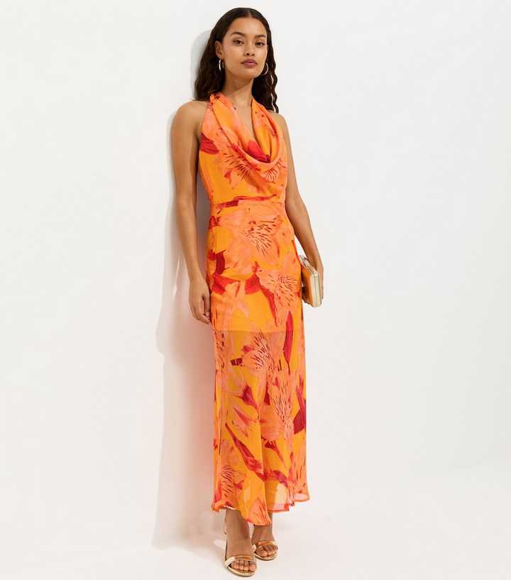 Petite Orange Floral Print Halter Neck Maxi Dress