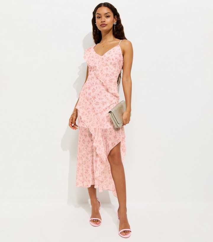 Petite Pink Floral Print Chiffon Ruffle Trim Midi Dress