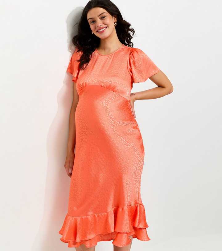 Maternity Bright Orange Feather Jacquard Satin Midi Dress