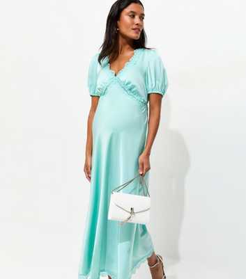 Maternity Light Blue Lace Trimmed Satin Midi Tea Dress