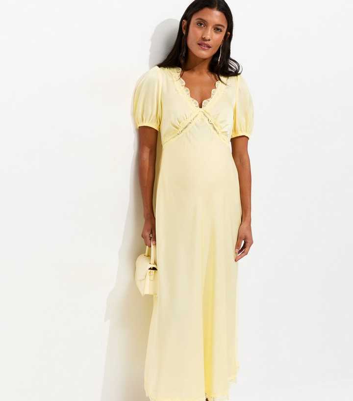 Maternity Yellow Lace Trimmed Satin Midi Tea Dress