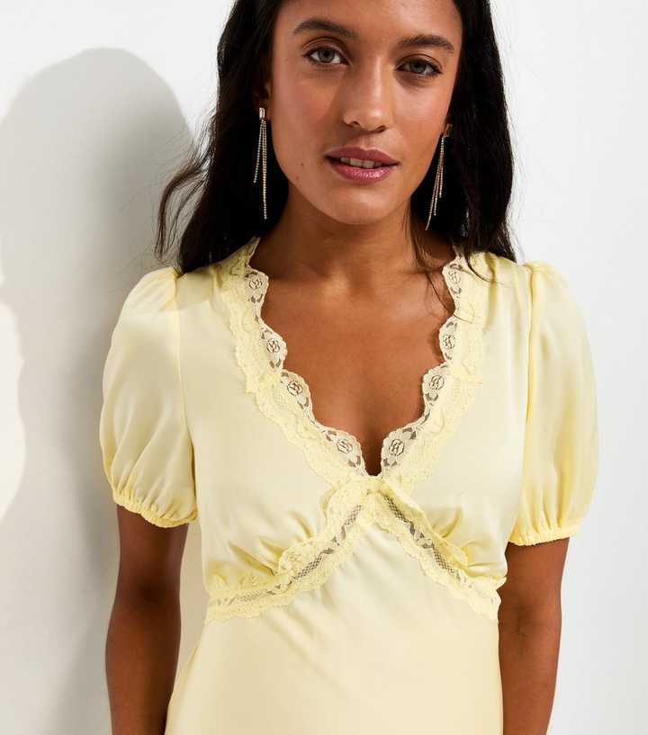 Maternity Yellow Lace Trimmed Satin Midi Tea Dress | New Look Maternity Yellow Lace Trimmed Satin Midi Tea Dress | New Look