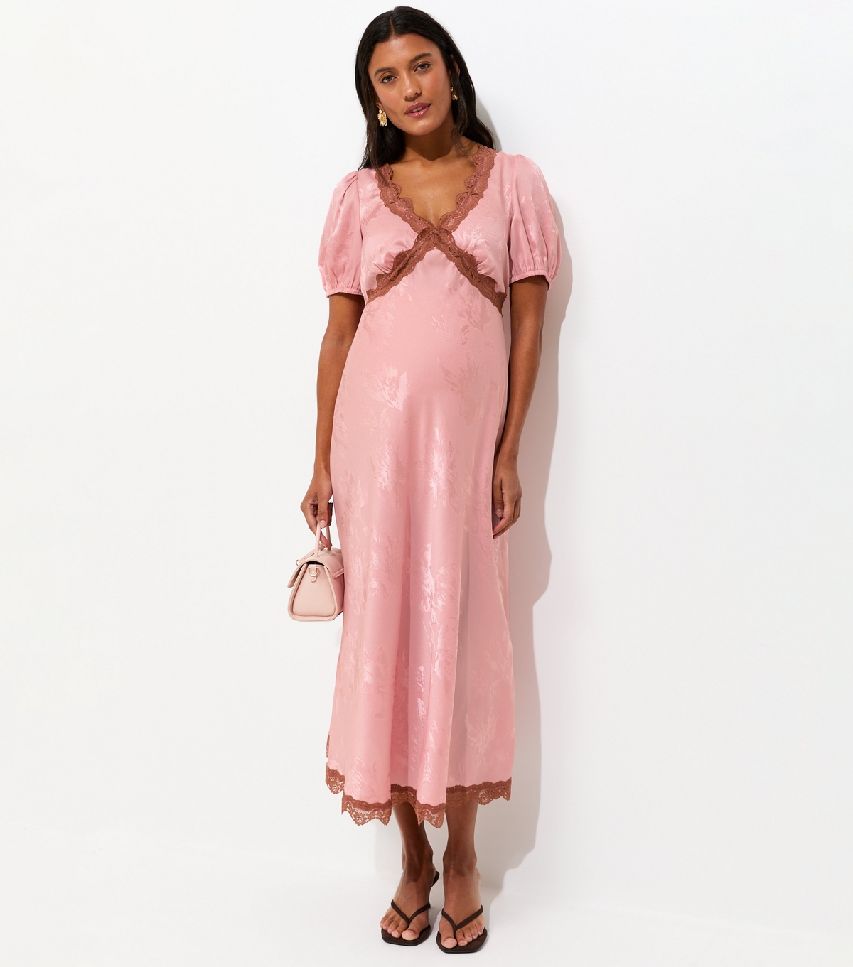 Women's Maternity Light Pink Satin Lace Trim Jacquard Midi Dress New Look