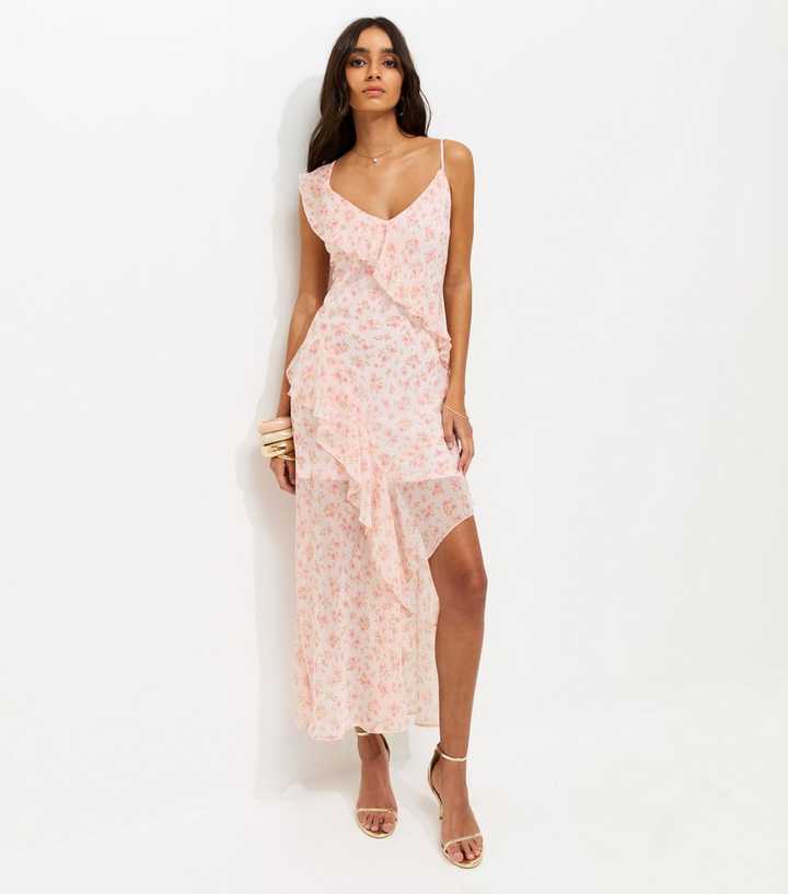 Light Pink Floral Chiffon Ruffle Midi Dress