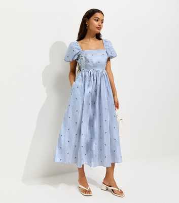 Petite Blue Cotton Floral Stripe Print Milkmaid Puff Sleeve Midi Dress