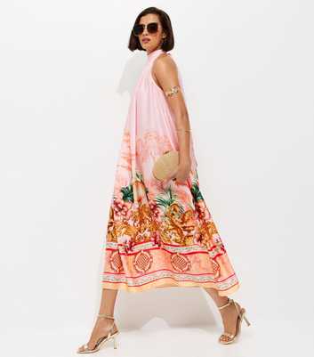 Pink Tropical Print Halter Neck Satin Midi Dress