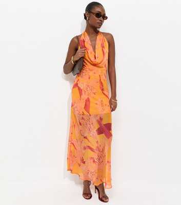 Bright Orange Floral Halter Maxi Dress