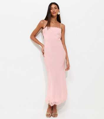 Pink Satin Lace Trimmed Midi Dress