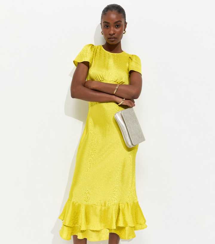 Light Green Satin Ruffled Hem Midi Dress