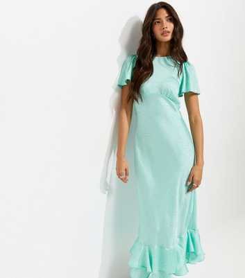 Light Blue Satin Ruffled Hem Midi Dress