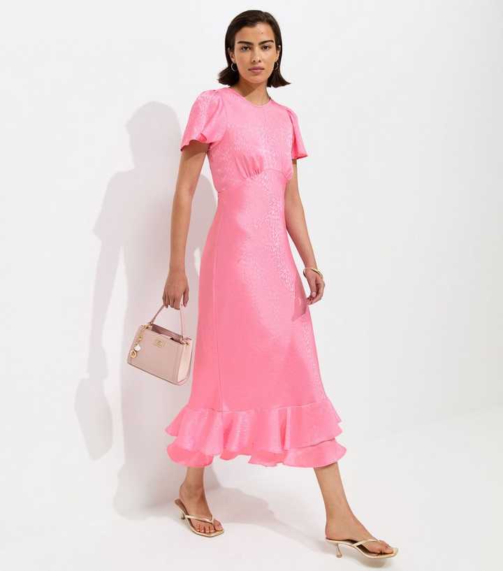 Pale Pink Satin Ruffled Hem Midi Dress
