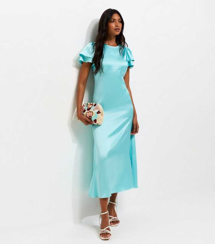 Light Blue Satin Flutter Sleeve Midi Dress