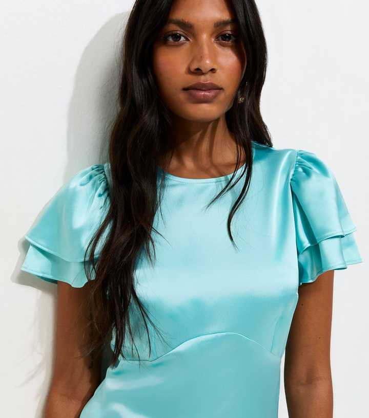 Light Blue Satin Flutter Sleeve Midi Dress | New Look Light Blue Satin Flutter Sleeve Midi Dress | New Look
