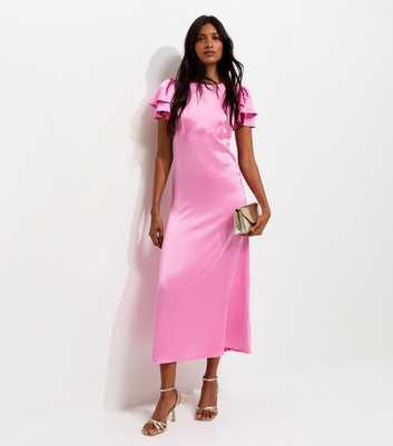 Bright Pink Satin Flutter Sleeve Midi Dress