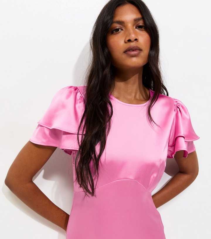 open lace back dress Eloquii bright pink flutter sleeve dress 28  Curvy Thrift Co