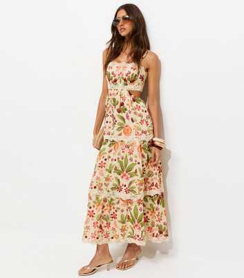 Cream Fruit Print Tiered Maxi Dress