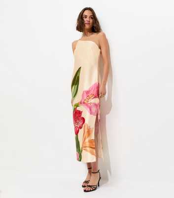 Cream Satin Floral One Shoulder Midi Dress