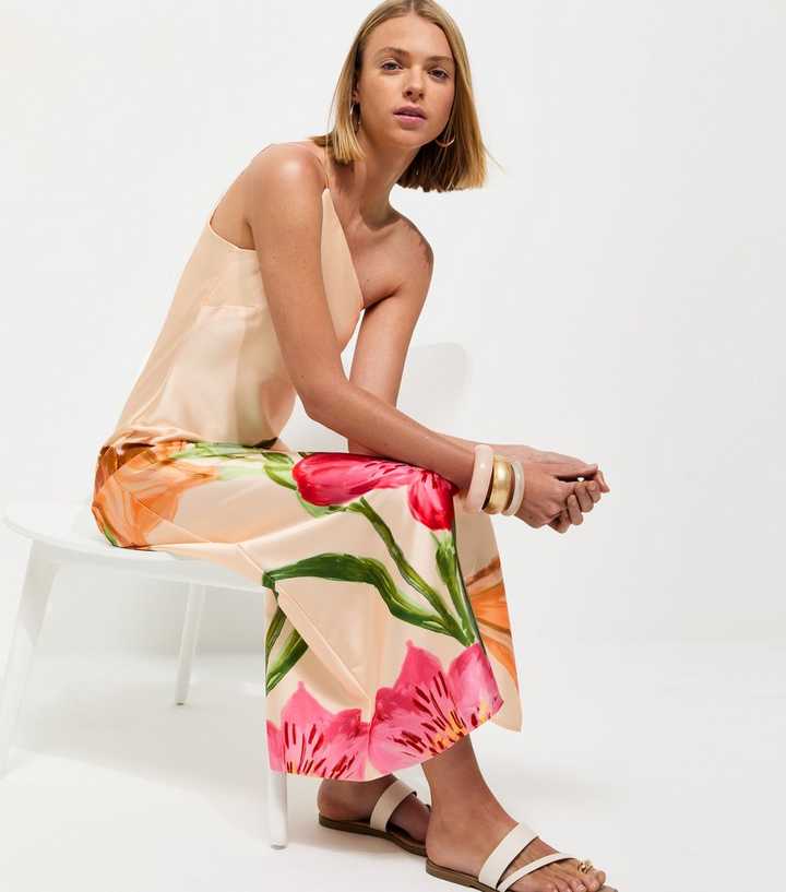 Cream Satin Floral One Shoulder Midi Dress