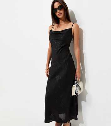 Black Floral Jacquard Cowl Neck Strappy Midi Dress
